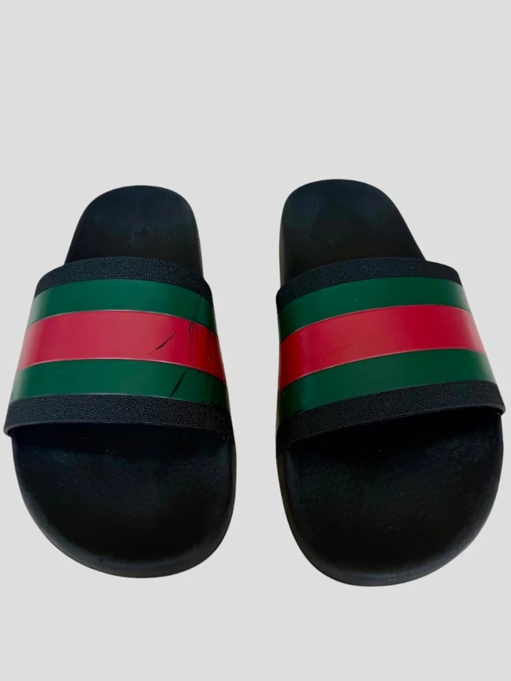 Gucci Web Rubber Slide Sandals Men 9 Black Green Red Stripe Beach Pool READ COND